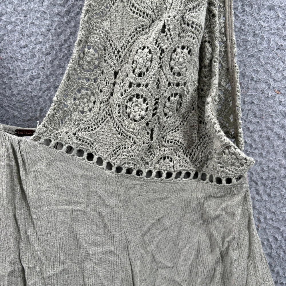 Free People Babydoll Mini Dress Size M Green Boho Crochet Lace Ruffle Sleeveless - Picture 3 of 13